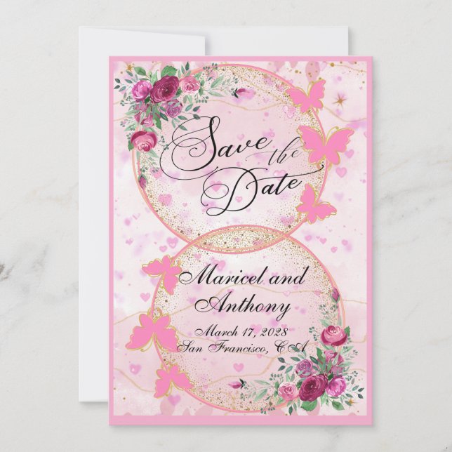 Simple Pink Butterflies theme Save the Date Spara Datumet (Framsida)