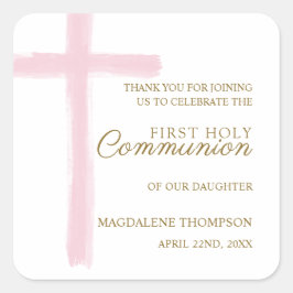 Simple Pink Cross First Holy Communion Thank You Fyrkantigt Klistermärke