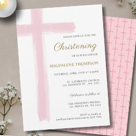 Simple Pink Cross Girl Christening Baptism Inbjudningar