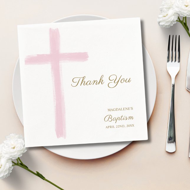Simple Pink Cross Thank You Baptism  Pappersservett (Skapare uppladdad)