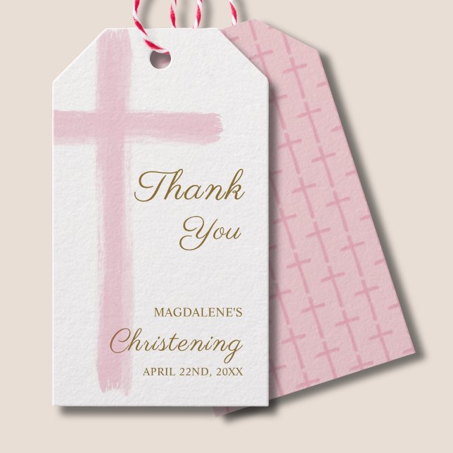 Simple Pink Cross Thank You Christening Baptism Presentetikett (Skapare uppladdad)