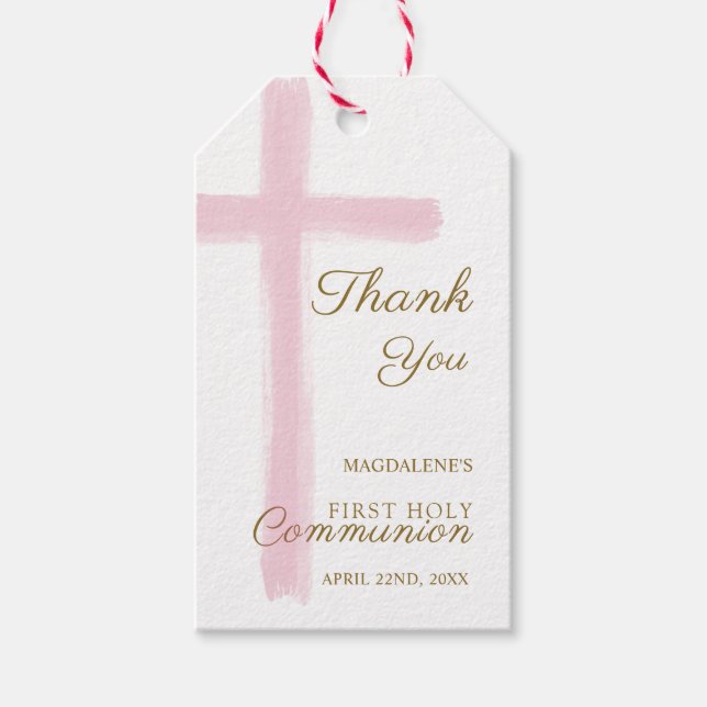 Simple Pink Cross Thank You First Holy Communion Presentetikett (Framsidan)