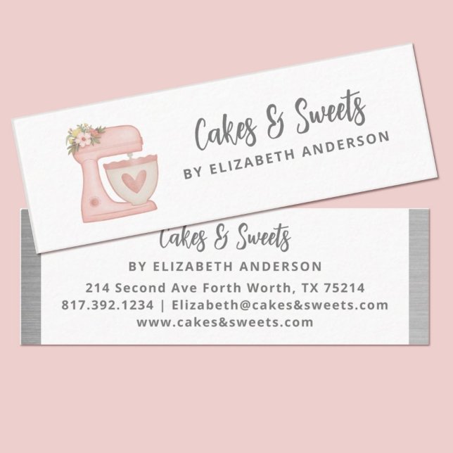 Simple Pink Floral Cake Mixer Bakery Mini Visitkort (Cute pink kitchen stand mixer thin bakery business cards. Personalize them with your information)