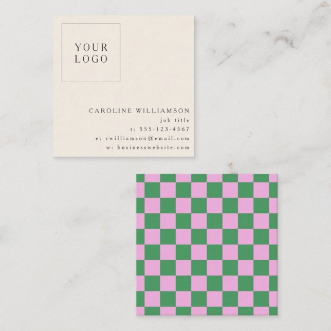Simple Pink Green Checkerboard Your Logo Custom Fyrkantigt Visitkort (Fram/baksida)
