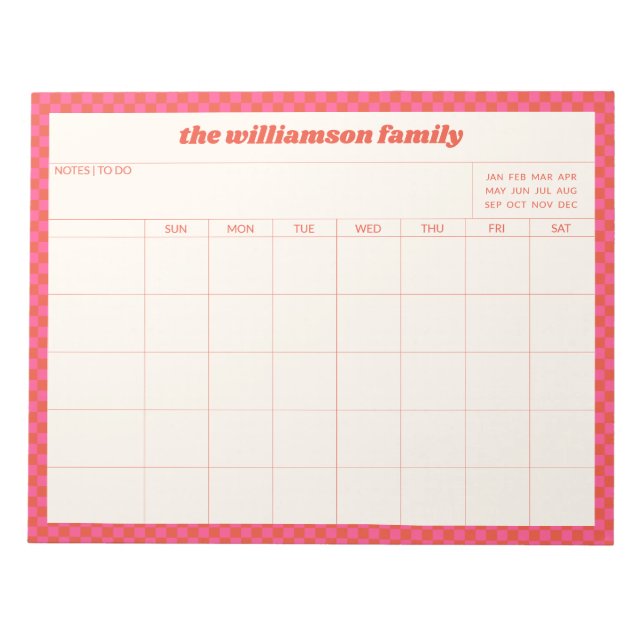 Simple Pink Red Checkered Family Planner Calendar  Anteckningsblock (Framsida)