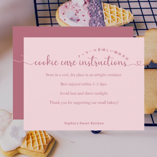 Simple Pink Script Cookie Care Instructions Bakery Tack Kort (Skapare uppladdad)