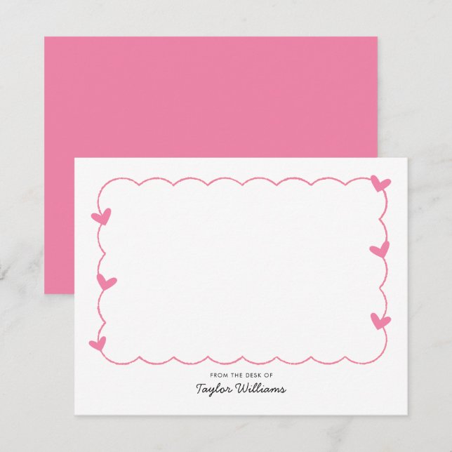 Simple Pink Wavy Border Heart Stationery Anteckningskort (Fram/baksida)