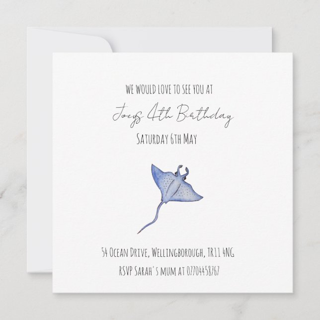 Simple Pojke Ocean Birthday Manta Ray Inbjudningar (Framsida)