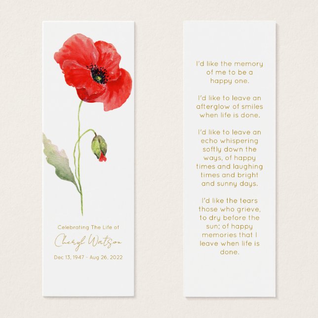 Simple Poppy Funeral Memorial Bookmark Litet Visitkort (Framsida & baksida)