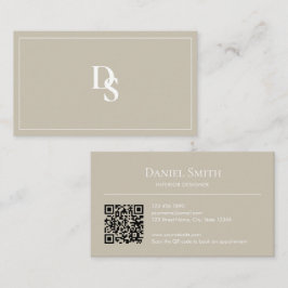 Simple Professional Beige with Initials QR Code Visitkort