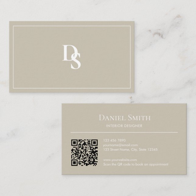Simple Professional Beige with Initials QR Code Visitkort (Fram/baksida)