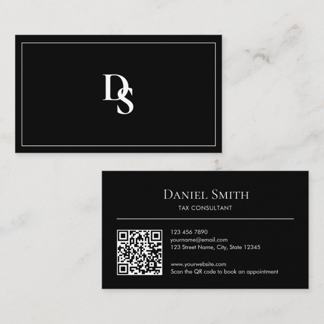 Simple Professional Black White Initials QR Code Visitkort (Fram/baksida)