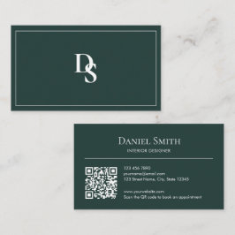 Simple Professional Dark Green Initials QR Code Visitkort
