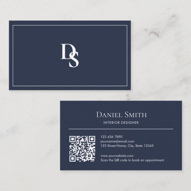 Simple Professional Dusty Blue Initials QR Code Visitkort (Fram/baksida)