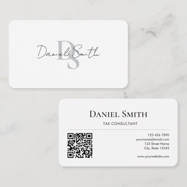 Simple Professional Monogram Initial QR code White Visitkort (Fram/baksida)