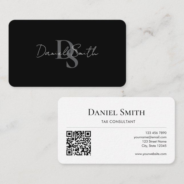Simple Professional Monogram Initial QR code White Visitkort (Fram/baksida)