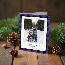 Simple Purple Black Plaid Border 3 Photo Christmas Helgkort