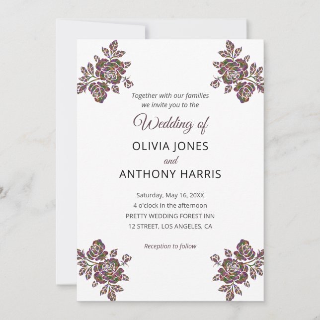 Simple Purple Roses Elegant Modern Floral Wedding  Inbjudningar (Framsida)