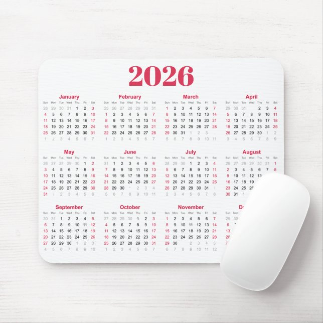 Simple red and White 2026 Calendar  Musmatta (Med mus)