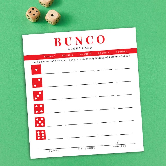 Simple Red and White Bunco-kort Anteckningsblock (modern tear-off notepad Bunco score card with red and white dice graphic accents)