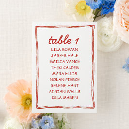 Simple Red Doodle Wedding Seating Chart Card Bordsnummer