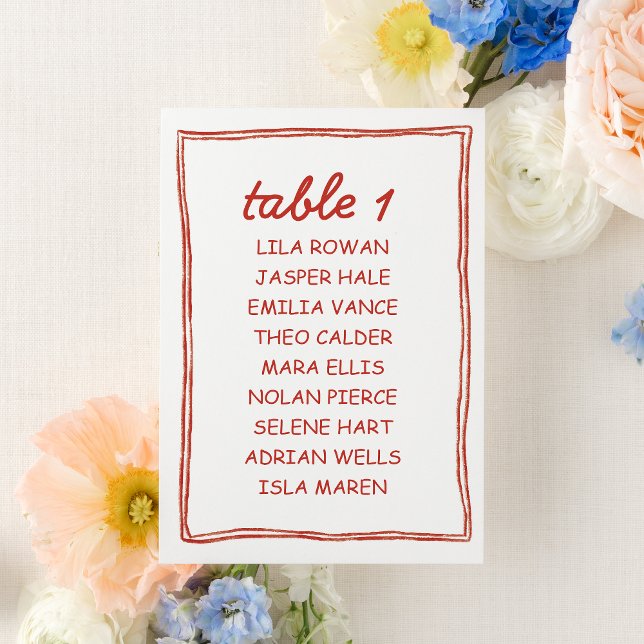 Simple Red Doodle Wedding Seating Chart Card Bordsnummer (Skapare uppladdad)