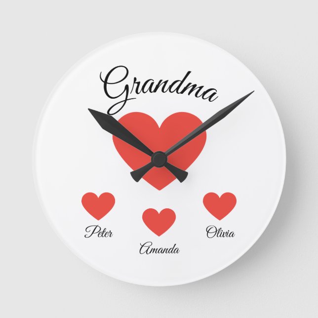 Simple Red Hearts Grandma Barnbarn Rund Klocka (Framsida)