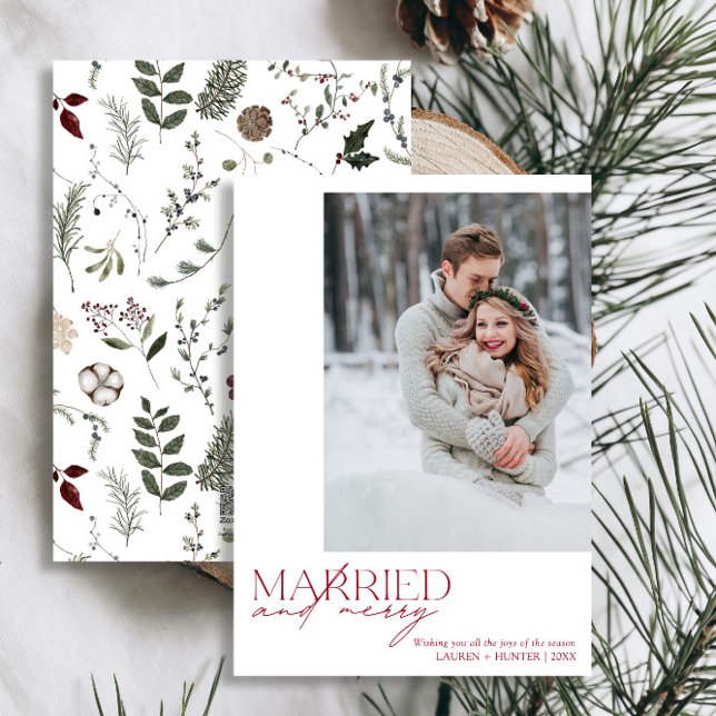 Simple Red Married and Merry Newlyweds Photo Julkort (Easily personalize this newlywed photo holiday card with your favorite image and deets)