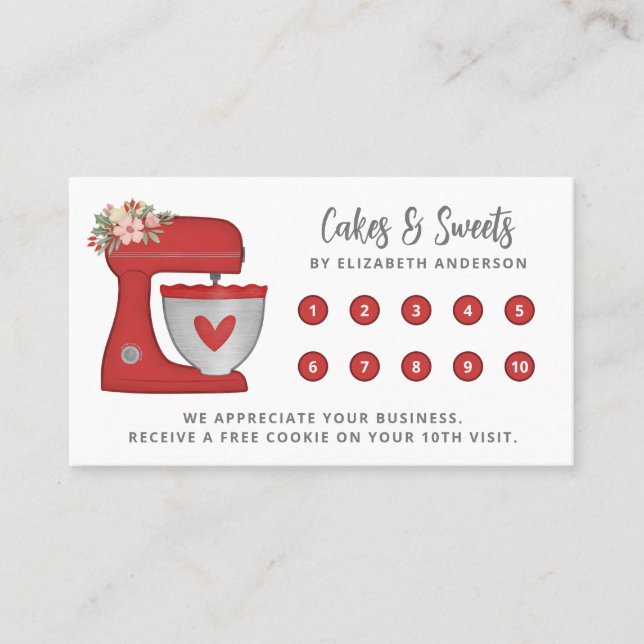 Simple red Mixer Floral Cake Bakery Business Lojalitetskort (Framsida)