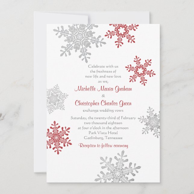 Simple Red Silver Snowflake Winter Wedding Inbjudningar (Framsida)