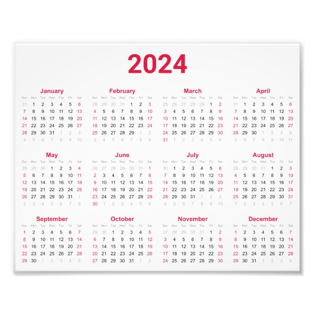 Simple Red & White 2024 Year at Glance Calendar Fototryck (Framsidan)
