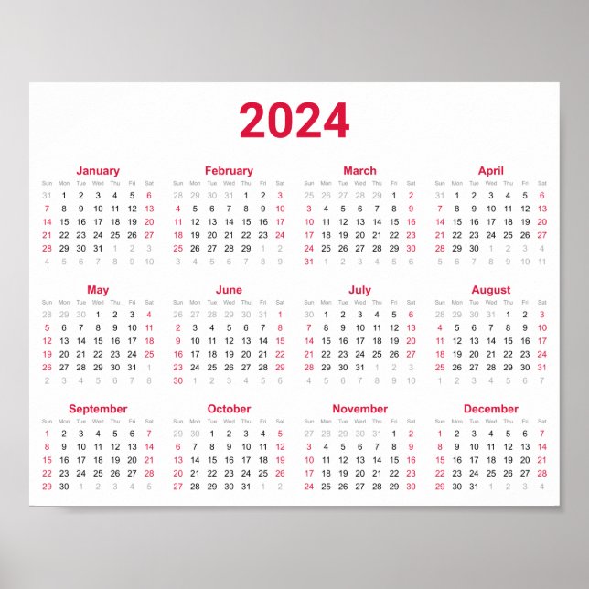 Simple Red & White 2024 Year at Glance Calendar Poster (Framsidan)