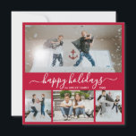 Simple Red White 4 Photo Collage Lycklig Julkort<br><div class="desc">Elegant Calligraphy, Minimalist Red and White 4 Photo Collage Lycklig Helgdag Script Card. Det här snygga, enkla fyra (4) fotojulkortet har en söt fotokollage och säger "Glad helg"! Texten "Glad helg" hälsning är skriven i ett vackert handskrivet, snabbt och färdigt, svan i vitt på karminröd bakgrund i färg. På baksidan...</div>