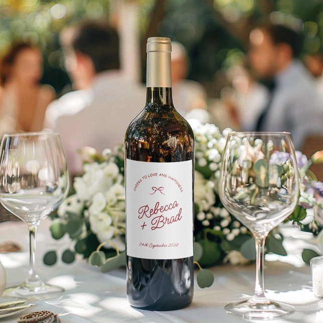 Simple Red & White Hand plockade Bow Sketch Bröllo Vinflaska Etikett (Simple Red & White Hand Drawn Bow Sketch Wedding Wine Label)