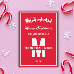 Simple Red White Monogram-familjen Namn jul Julkort
