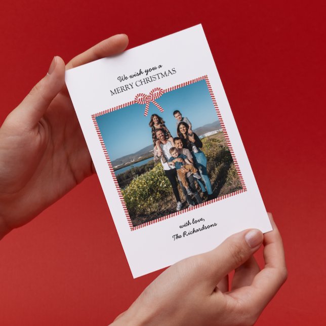 Simple Red White Rand Bow Photo jul Card Inbjudningar (Skapare uppladdad)