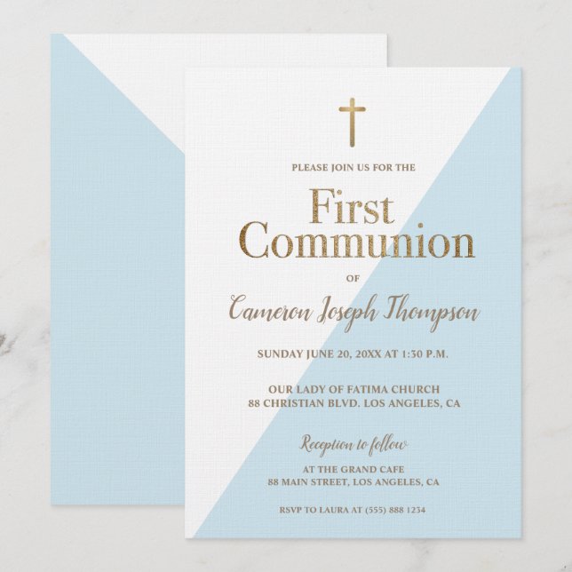 SImple Religiösa Guld Blue First Heliga Communion Inbjudningar (Fram/baksida)