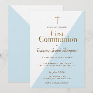 SImple Religiösa Guld Blue First Heliga Communion Inbjudningar
