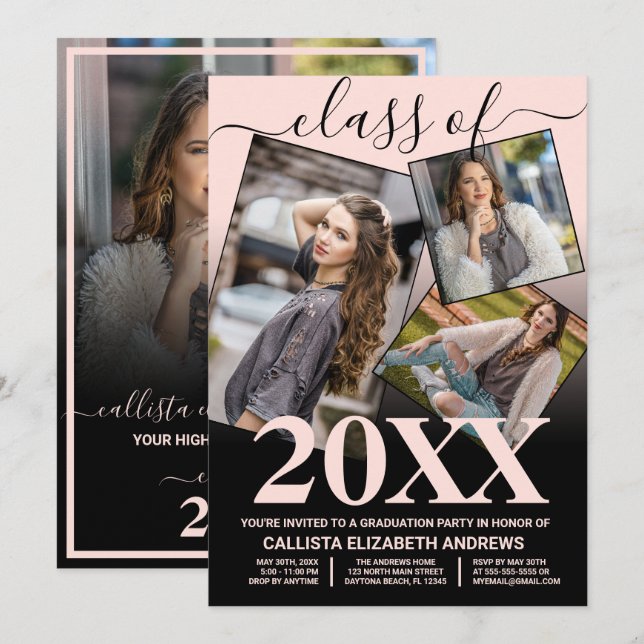 Simple Rosa Black Ombre Studenten Photo Collage Inbjudningar (Fram/baksida)