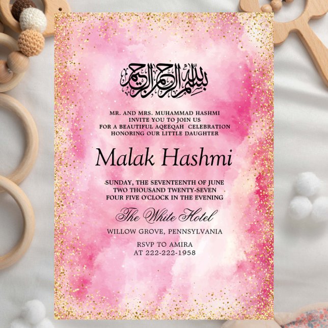 Simple Rosa Watercolor Gliter Islamic Aqiqa Aqeeqa Inbjudningar (Skapare uppladdad)