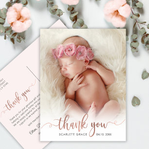 Simple Rose Gold Script Baby Photo Tack Vykort