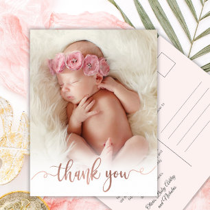 Simple Rose Gold Script Baby Photo Tack Vykort