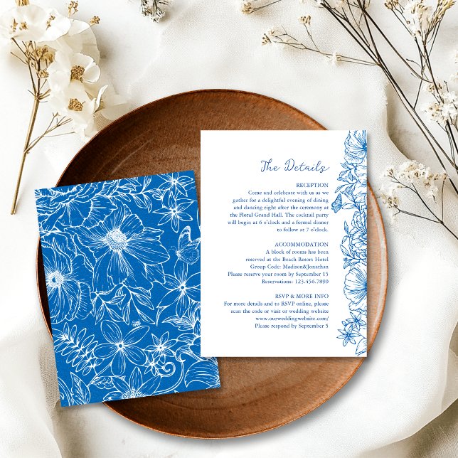 Simple Royal Blue Floral Garden Wedding Details Tilläggskort (Skapare uppladdad)