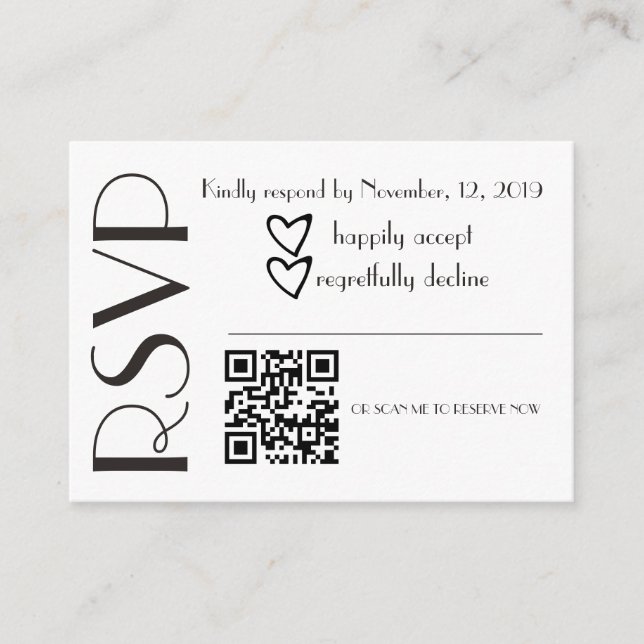 Simple RSVP Black White Heart Wedding QR Code Tilläggskort (Framsida)