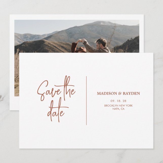 Simple Rust Terracotta Bröllop Photo Inbjudningar (Fram/baksida)