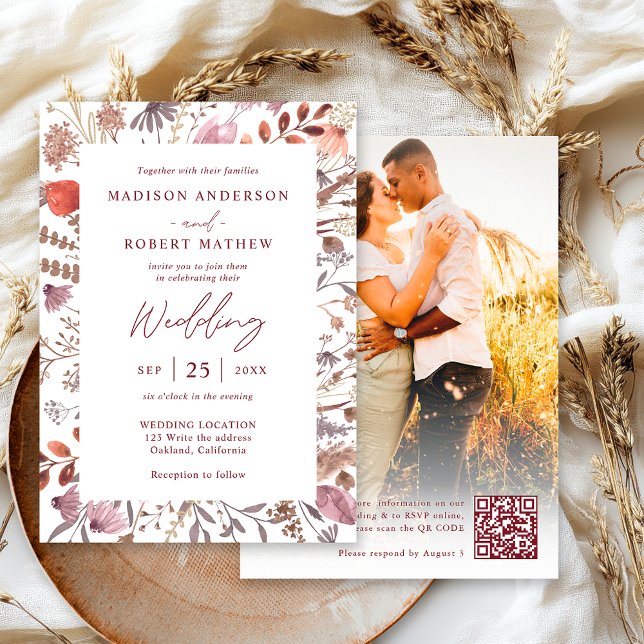 Simple Rustic Boho Chic Photo QR Code Wedding Inbjudningar (Skapare uppladdad)