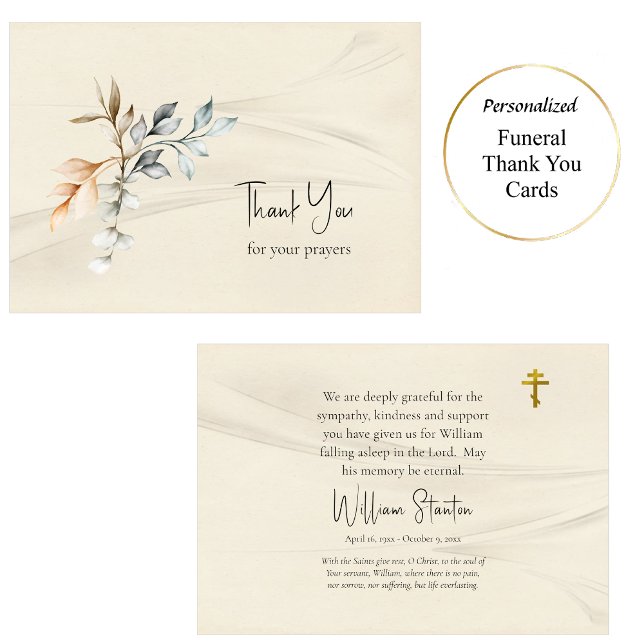 Simple Rustic Leaves Parchment Orthodox Funeral    Tack Kort (Skapare uppladdad)