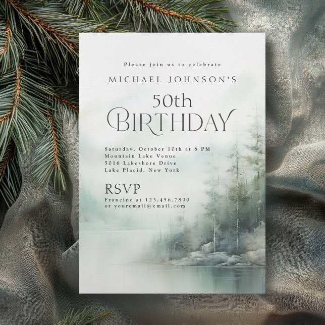 Simple Rustic Mountain Lake 50th Birthday Inbjudningar (Available in both printed and instant download digital formats.)