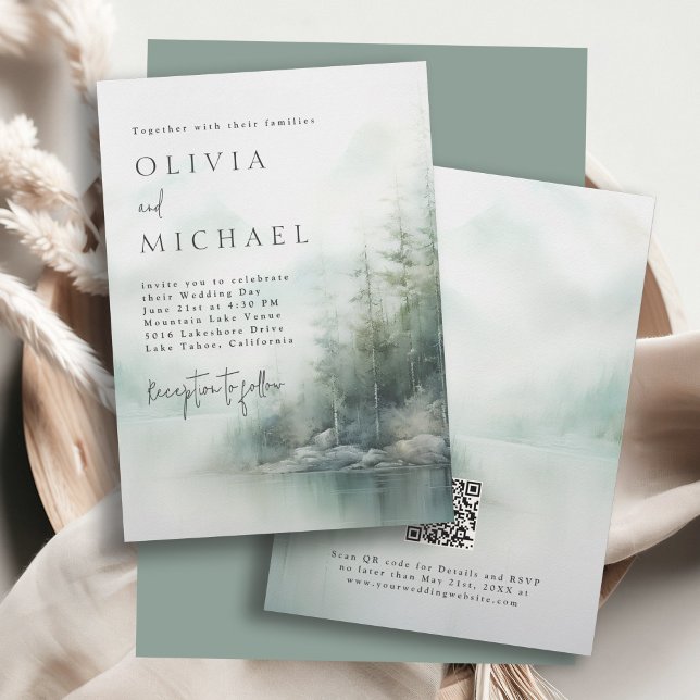 Simple Rustic Mountain Lake Misty Pines Wedding Inbjudningar (Available in both printed and instant download digital formats.)