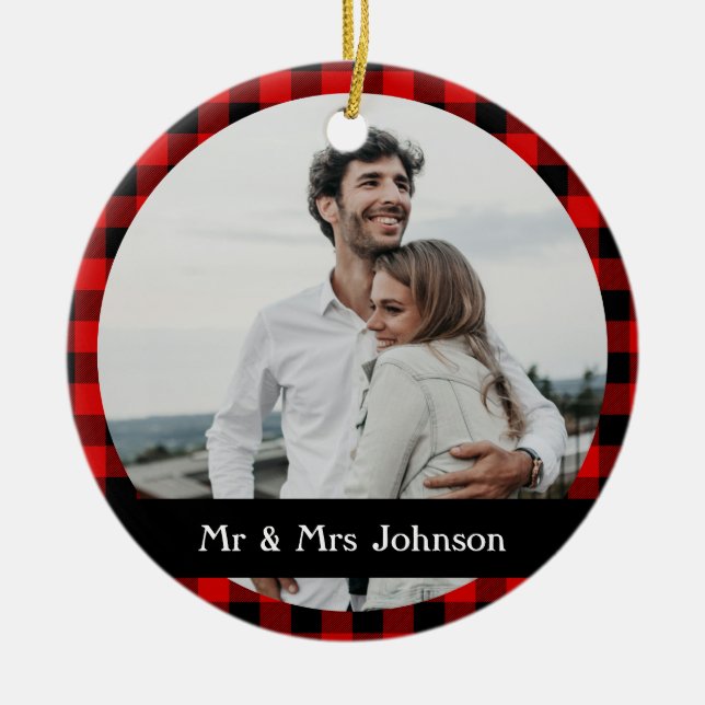 Simple Rustic Red Black Buffalo Play Photo Julgransprydnad Keramik (Framsidan)